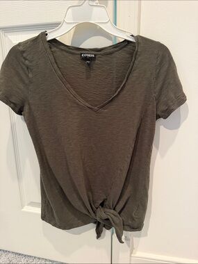 Express Olive Green V-Neck Short Sleeve Knot Front Tee